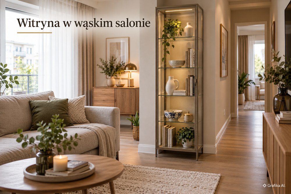 Smukła przeszklona witryna z ceramiką i książkami w salonie – ilustracja AI